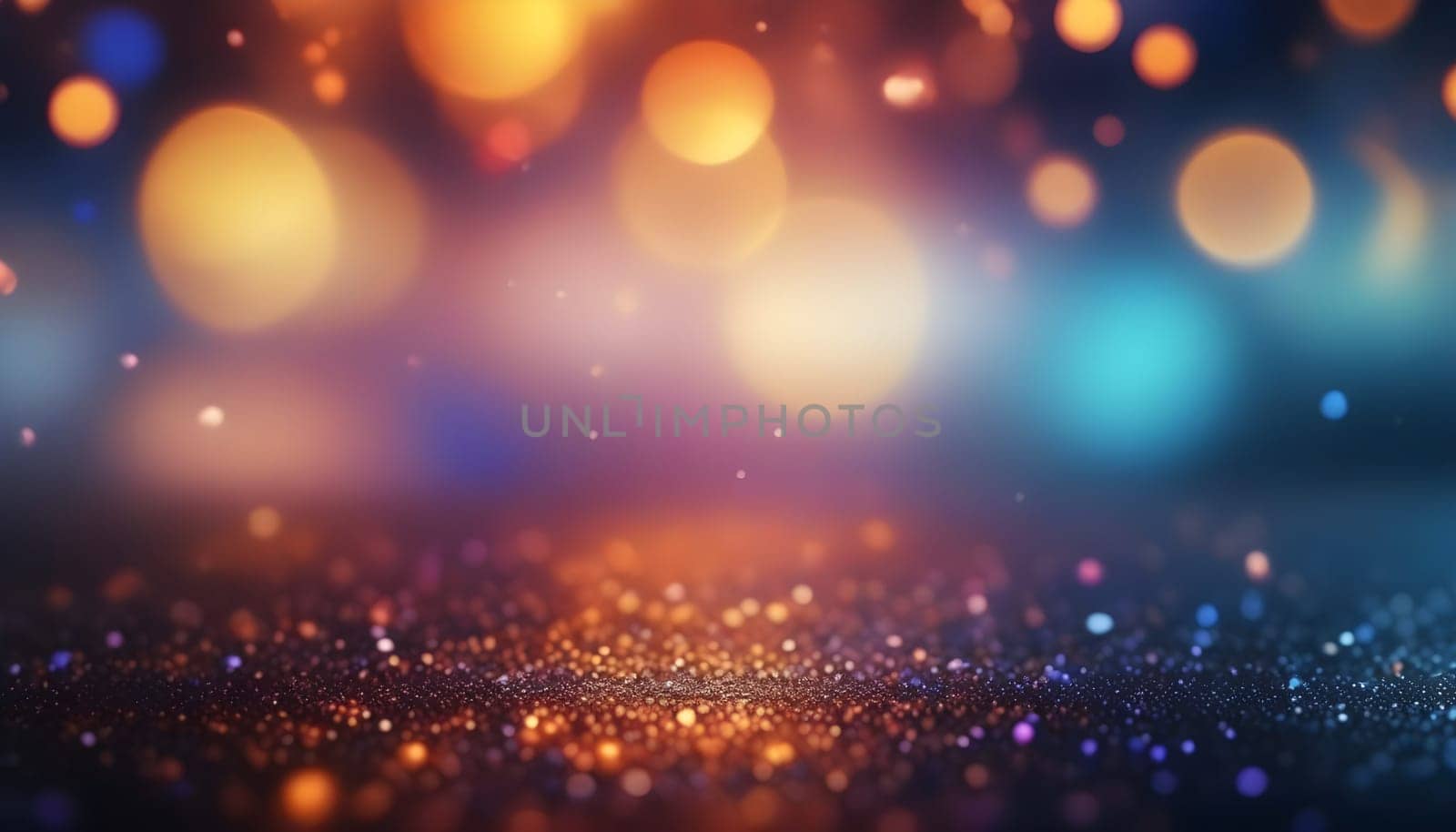 AI generated glitter vintage lights background.In gold, blue and black color. de-focused