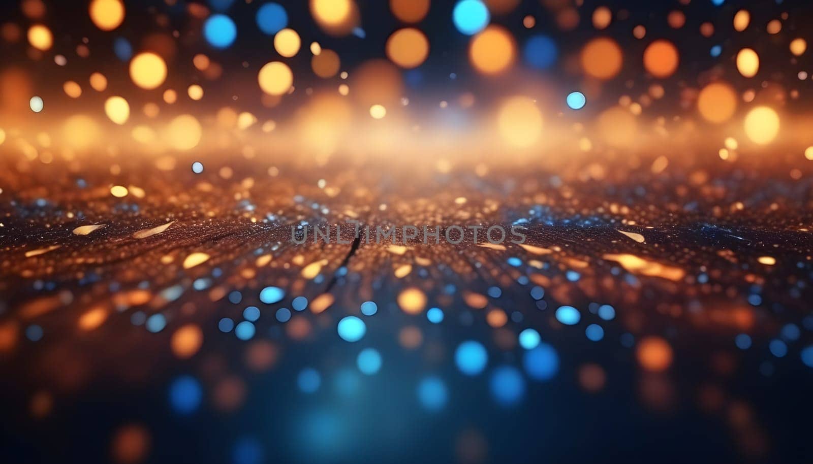 AI generated glitter vintage lights background.In gold, blue and black color. de-focused