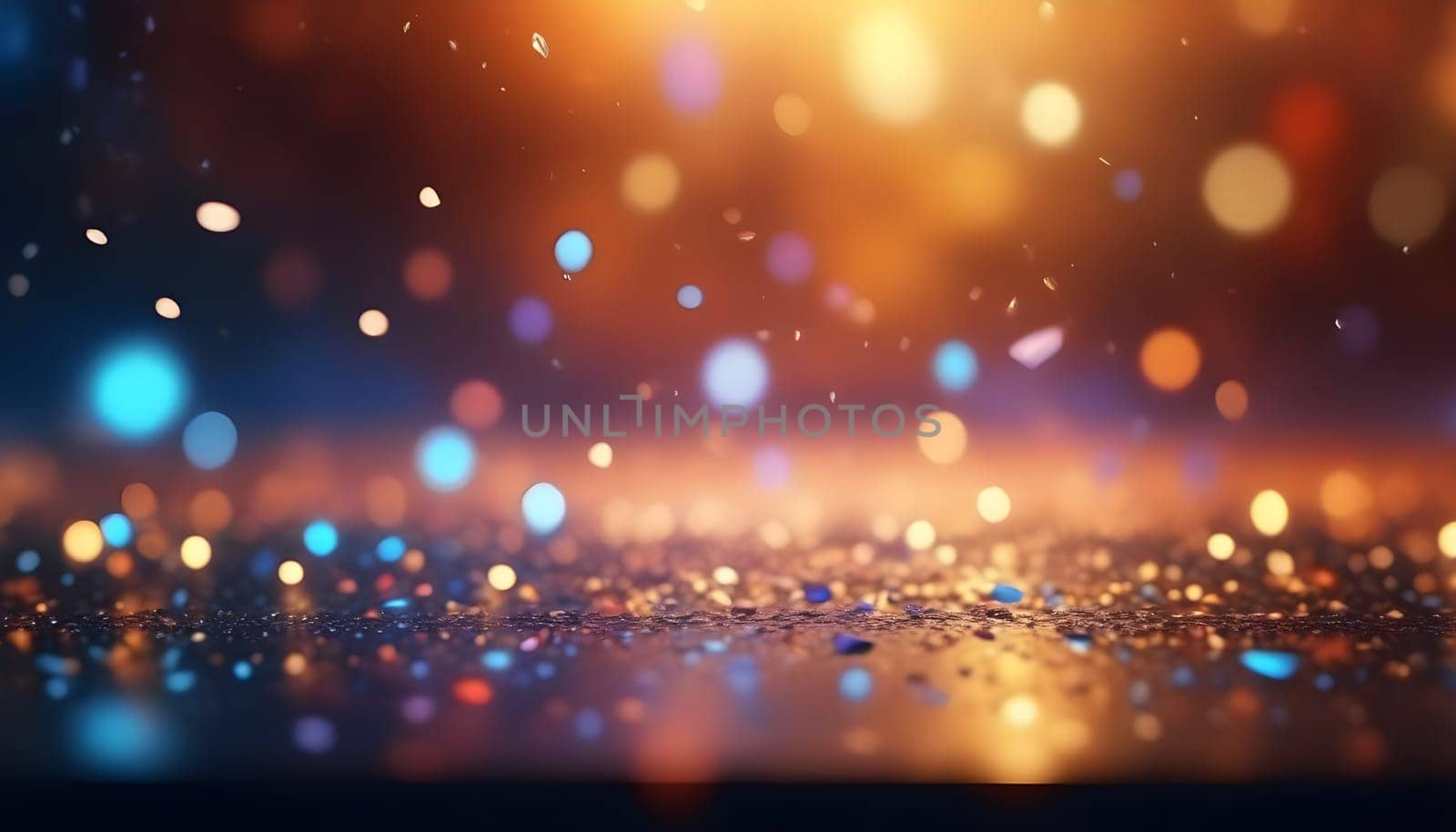 AI generated glitter vintage lights background.In gold, blue and black color. de-focused