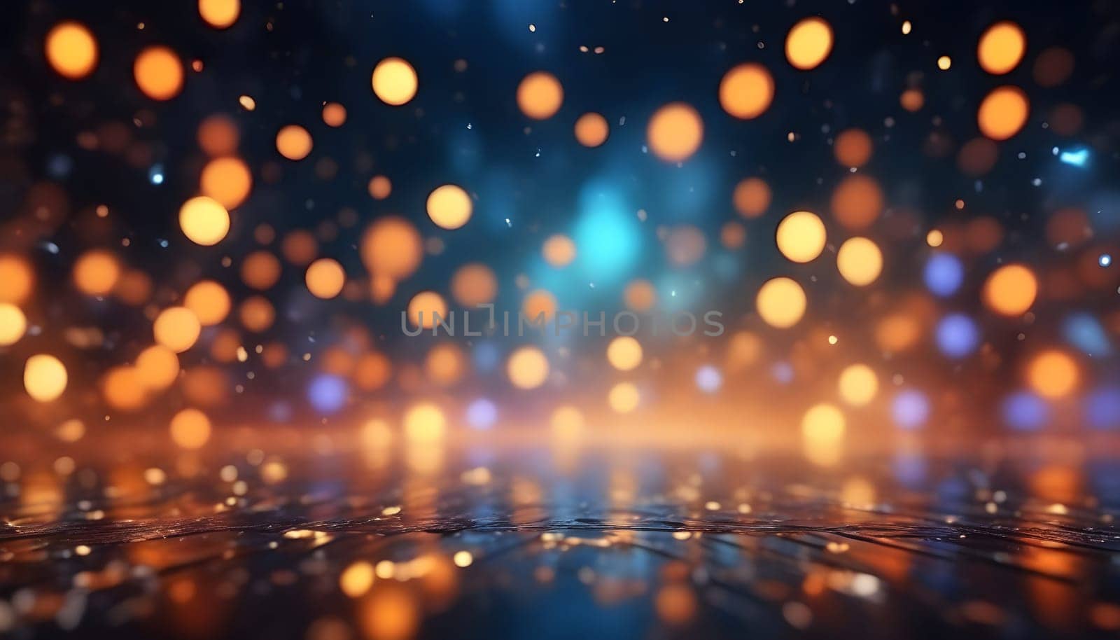 AI generated glitter vintage lights background.In gold, blue and black color. de-focused
