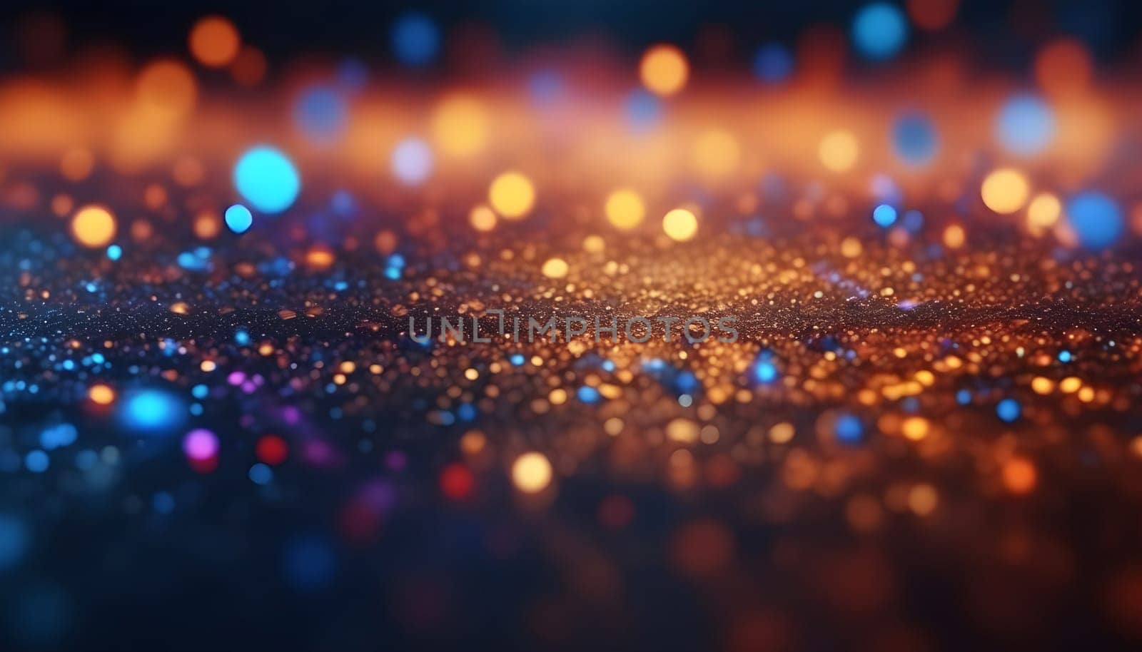 AI generated glitter vintage lights background.In gold, blue and black color. de-focused