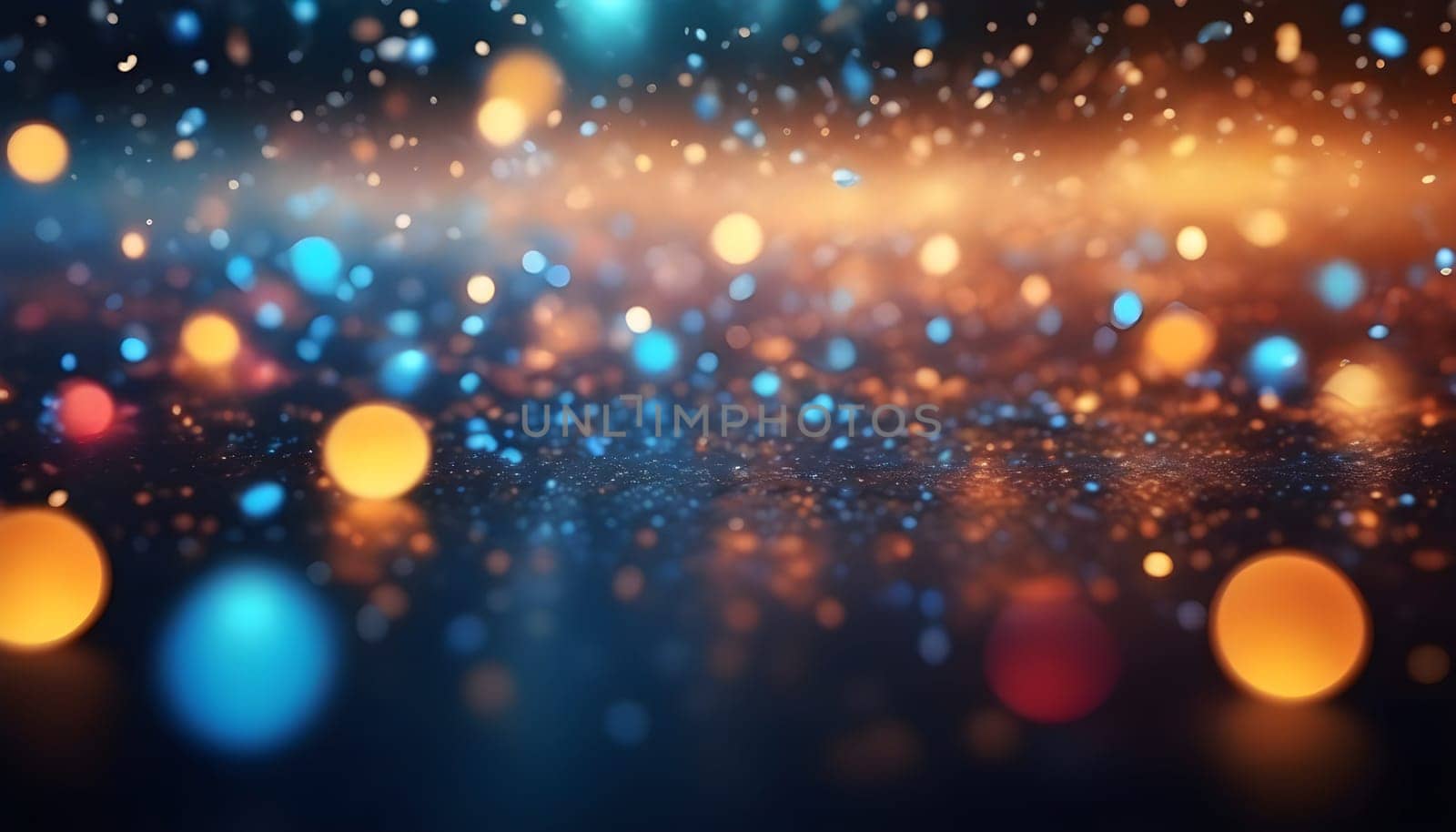 AI generated glitter vintage lights background.In gold, blue and black color. de-focused