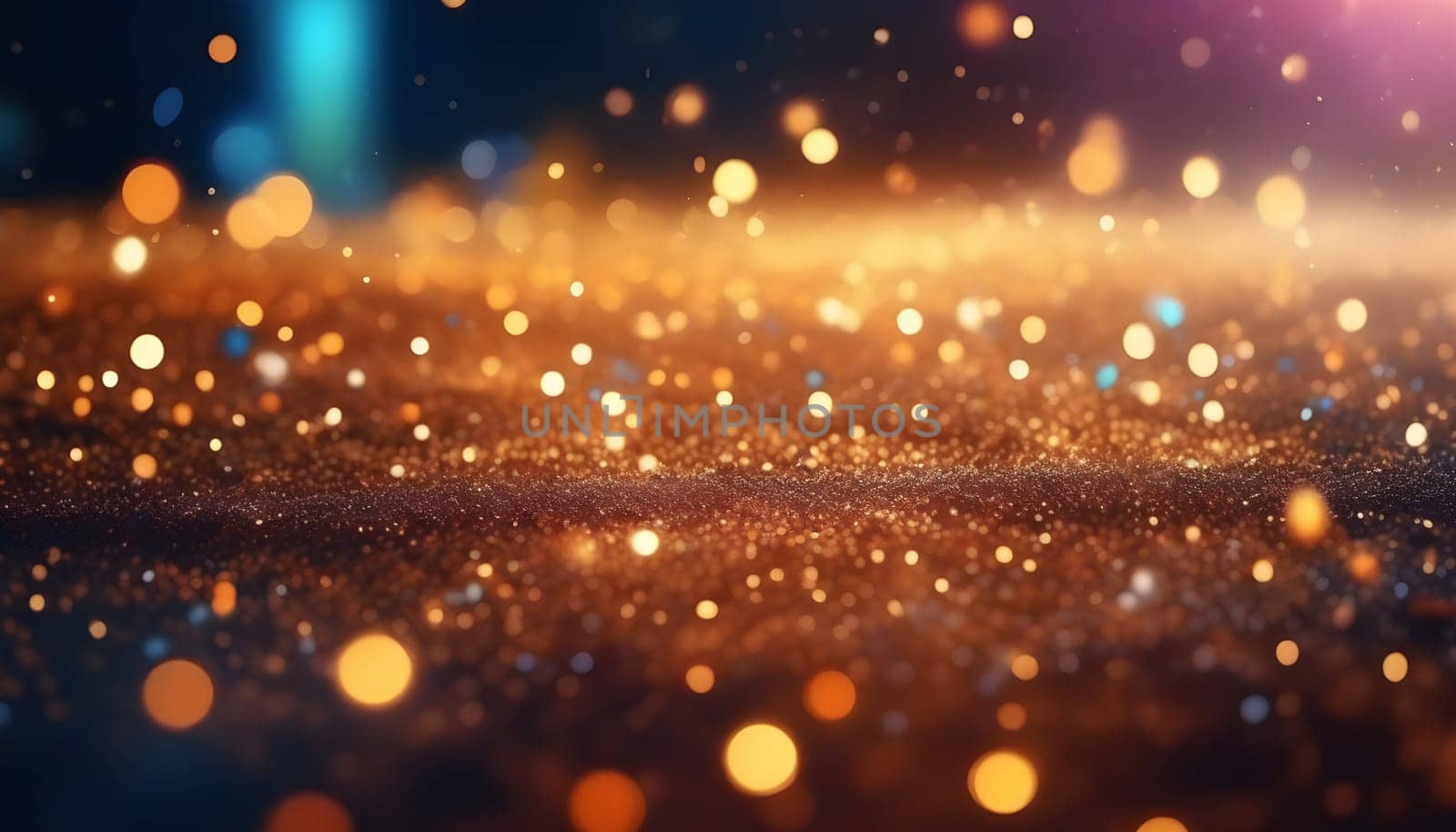 AI generated glitter vintage lights background.In gold, blue and black color. de-focused
