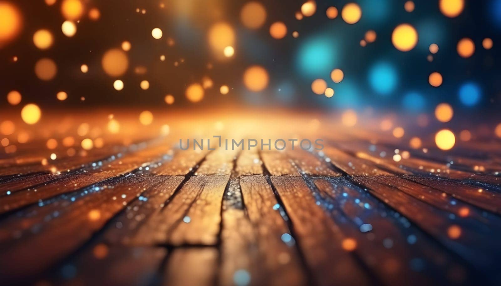 AI generated glitter vintage lights background.In gold, blue and black color. de-focused