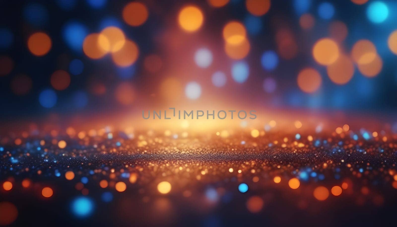 AI generated glitter vintage lights background.In gold, blue and black color. de-focused