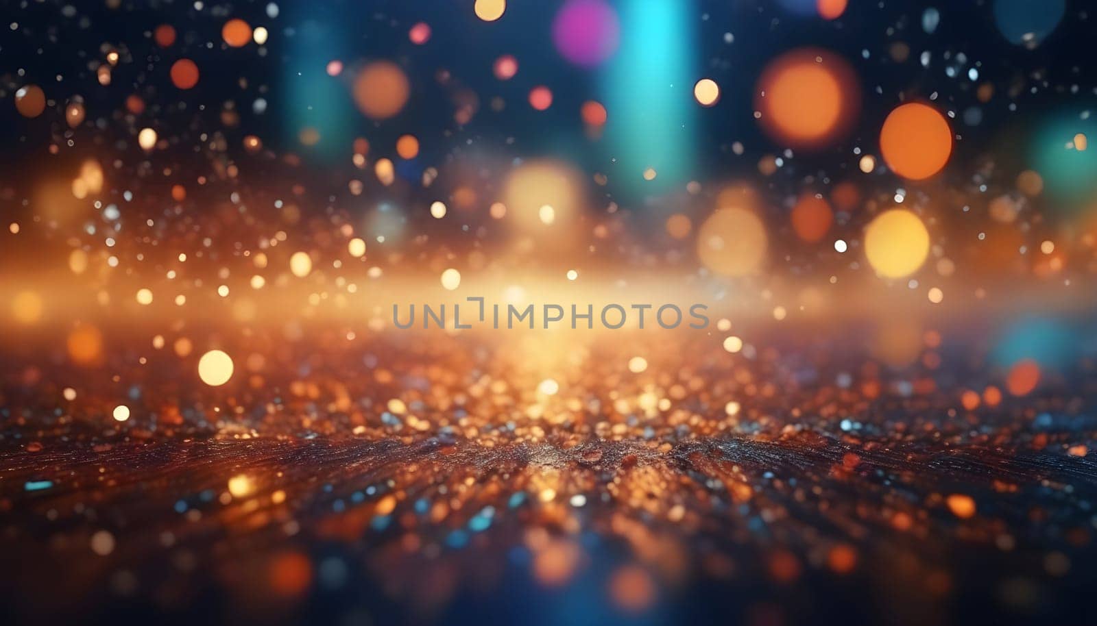 AI generated glitter vintage lights background.In gold, blue and black color. de-focused
