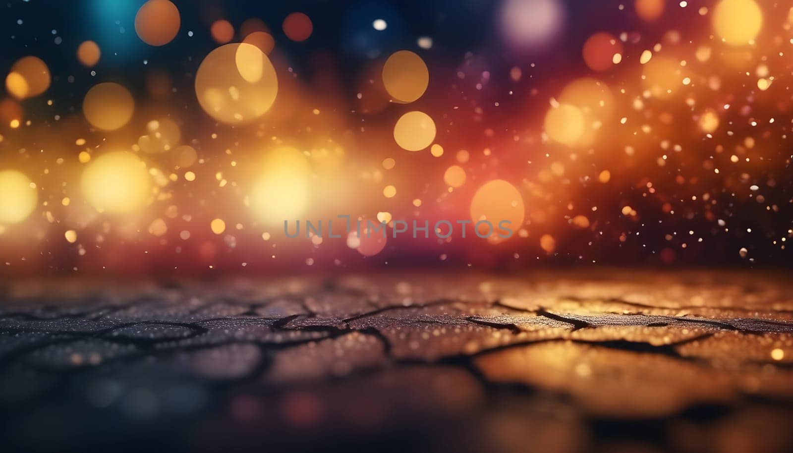 AI generated glitter vintage lights background.In gold, blue and black color. de-focused