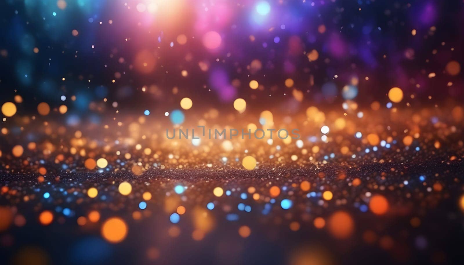 AI generated glitter vintage lights background.In gold, blue and black color. de-focused