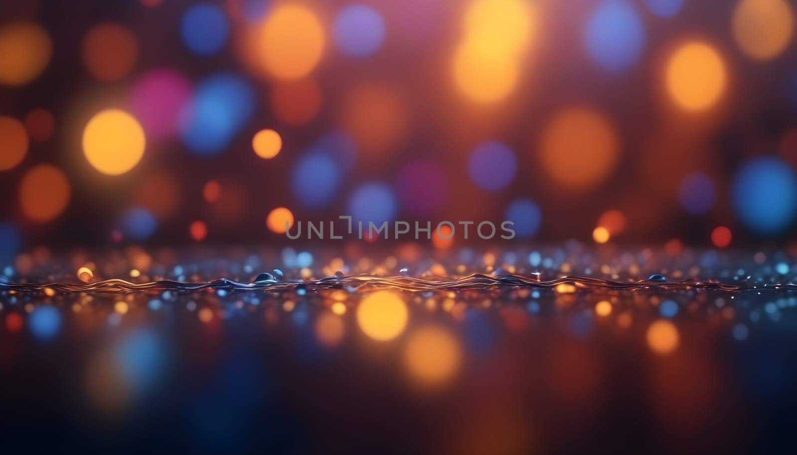 AI generated glitter vintage lights background.In gold, blue and black color. de-focused