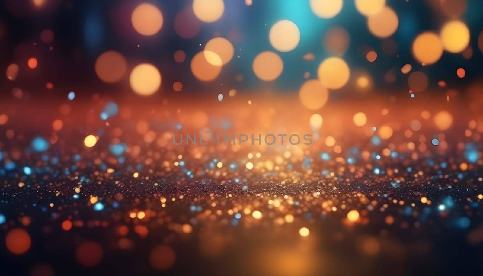 AI generated glitter vintage lights background.In gold, blue and black color. de-focused