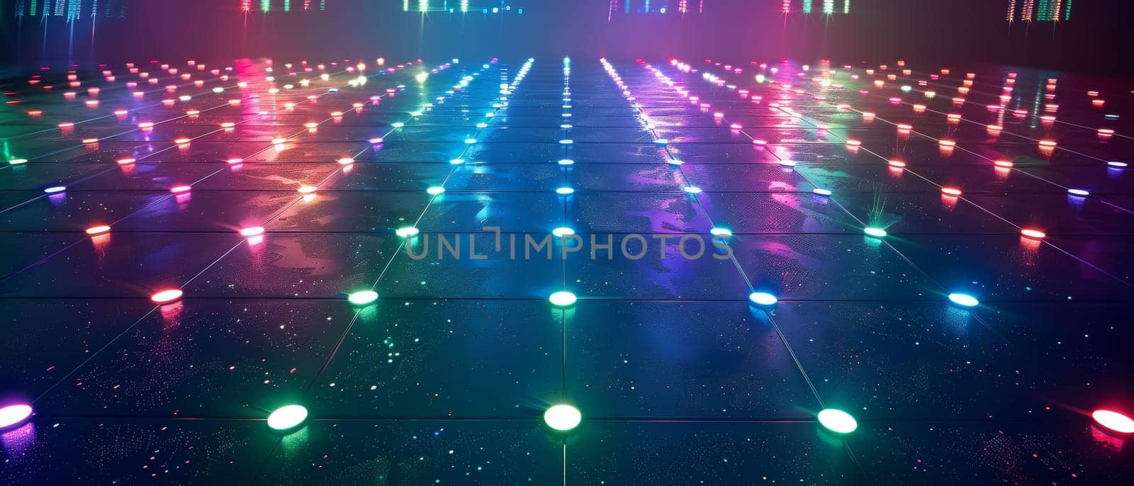 A colorful dance floor illuminated by bright spotlights and disco balls