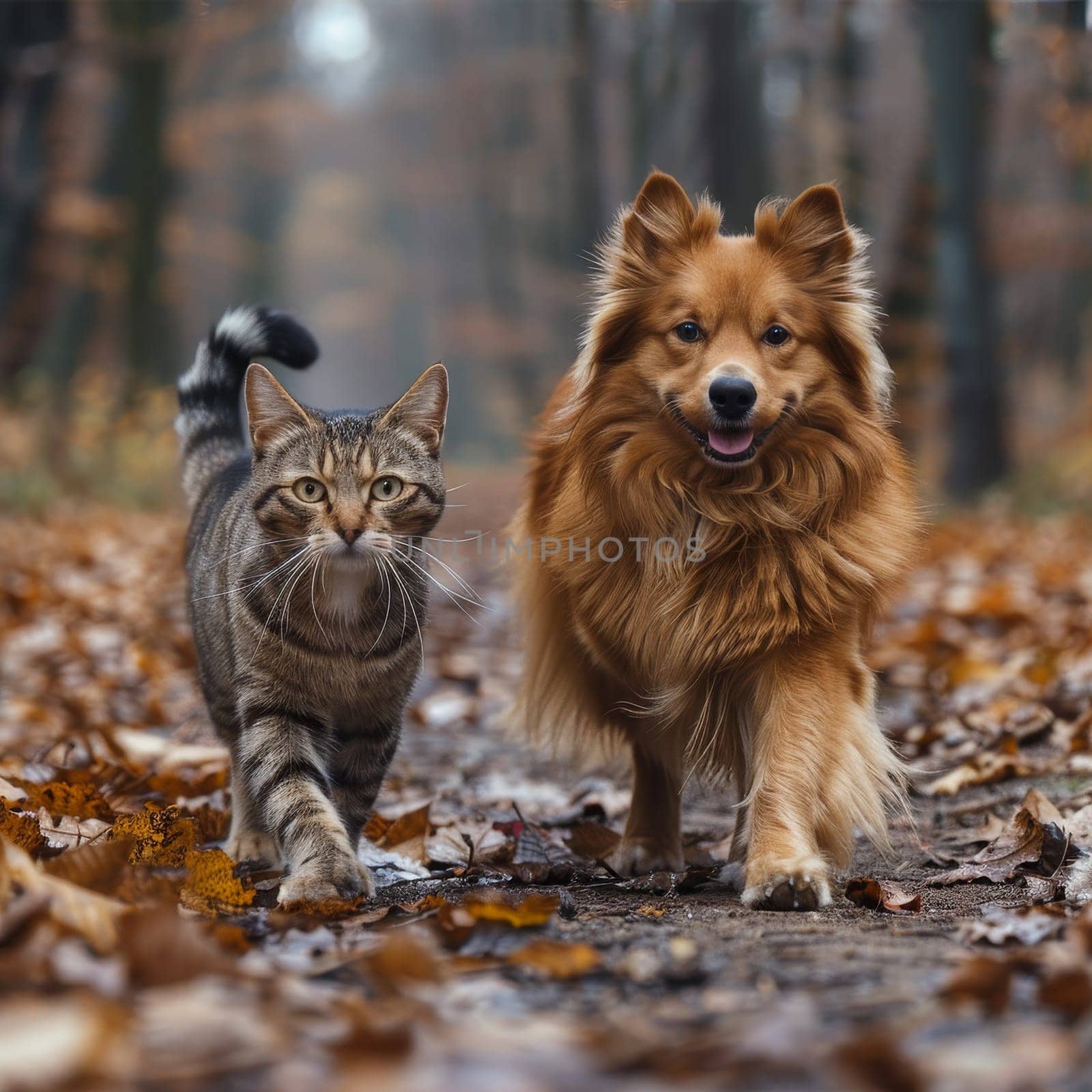 A fluffy dog and a tabby cat walk on a path covered in colorful autumn leaves