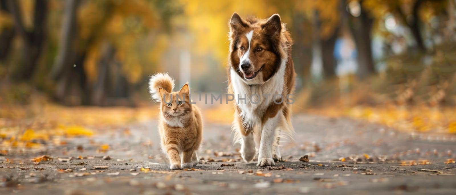 A serene autumn scene with a cat and a dog walking together on a path lined with golden leaves