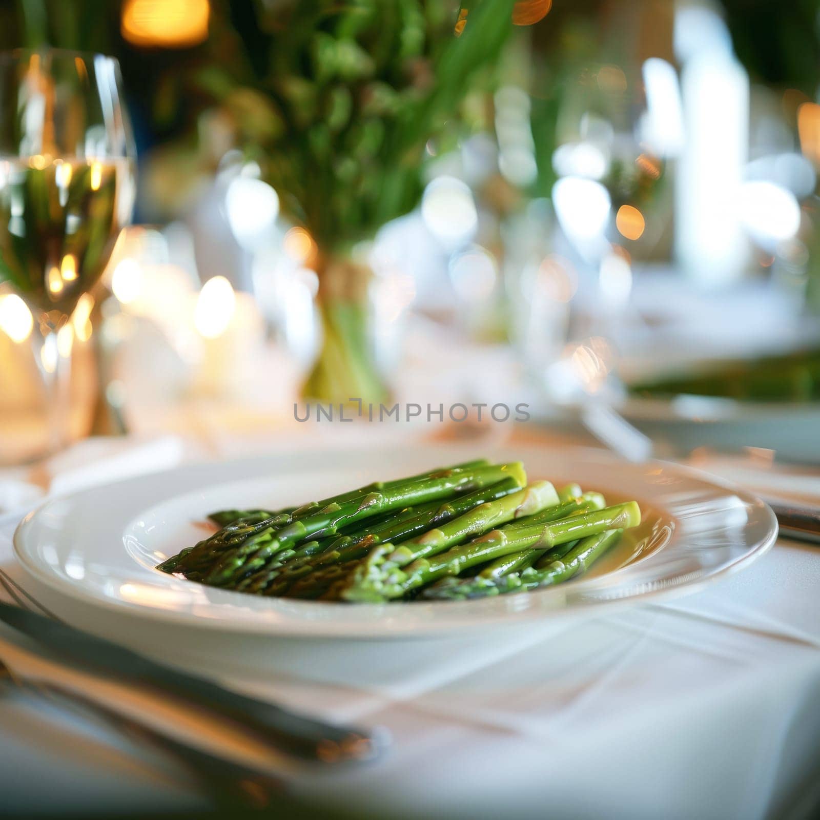 The image shows grilled asparagus on a plate. The sophisticated dining setting includes wine glasses to create an air of sophistication