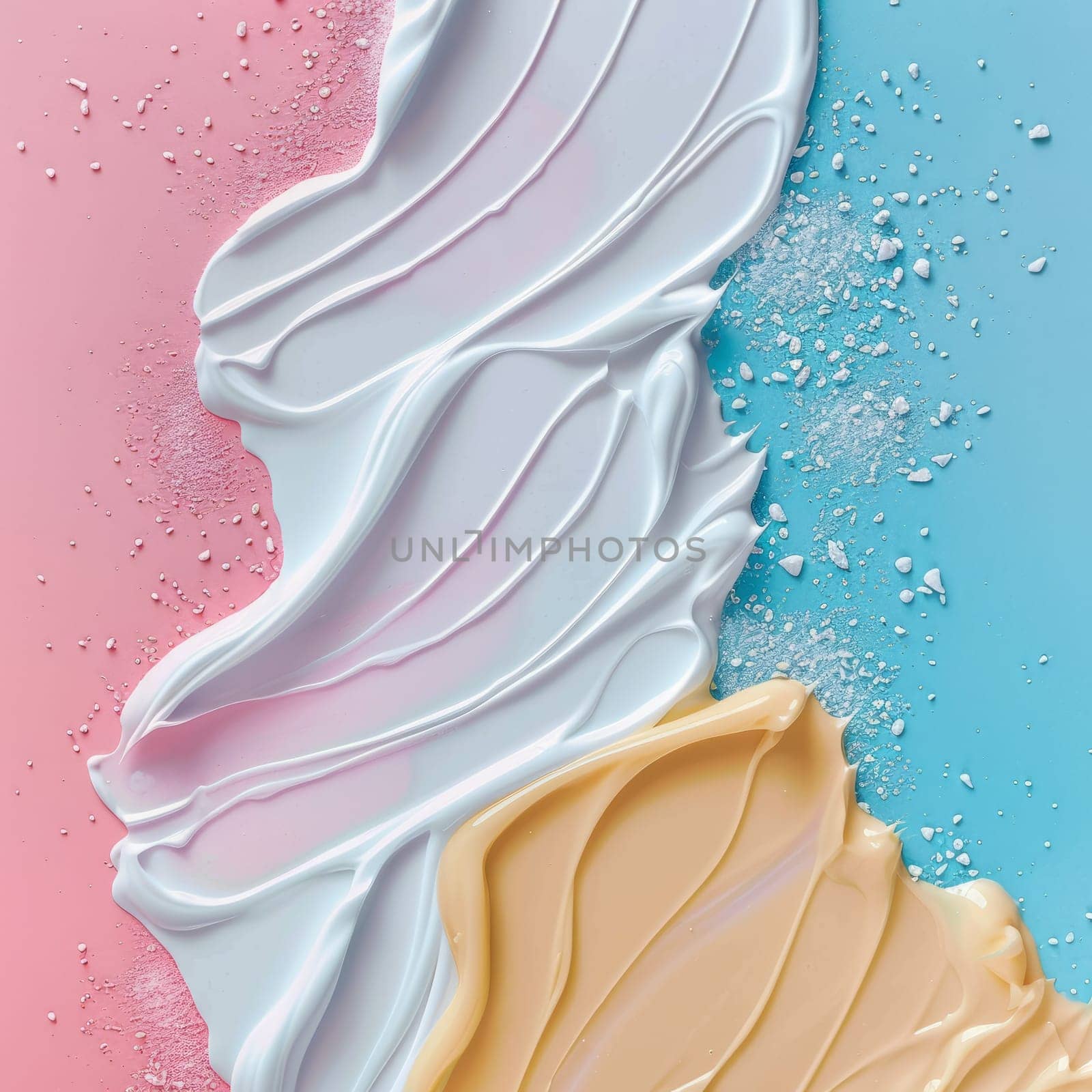 The image features swirls of creamy texture in pastel pinks, blues and beiges, embellished with granules for aesthetic and abstract appeal. This may be related to cosmetic products, modern art