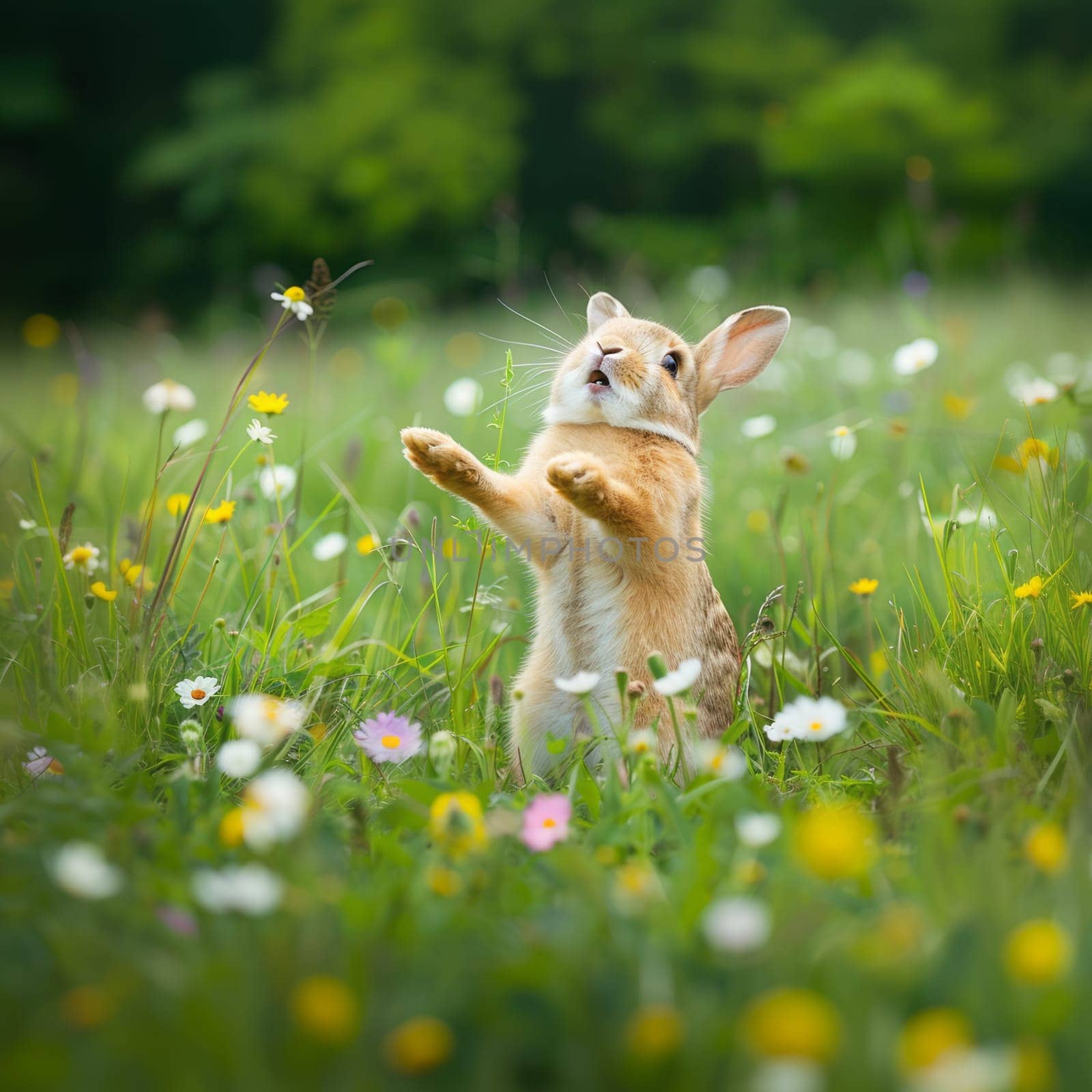 A cute rabbit stands amidst colorful wildflowers, reaching out as if to touch a flying butterfly