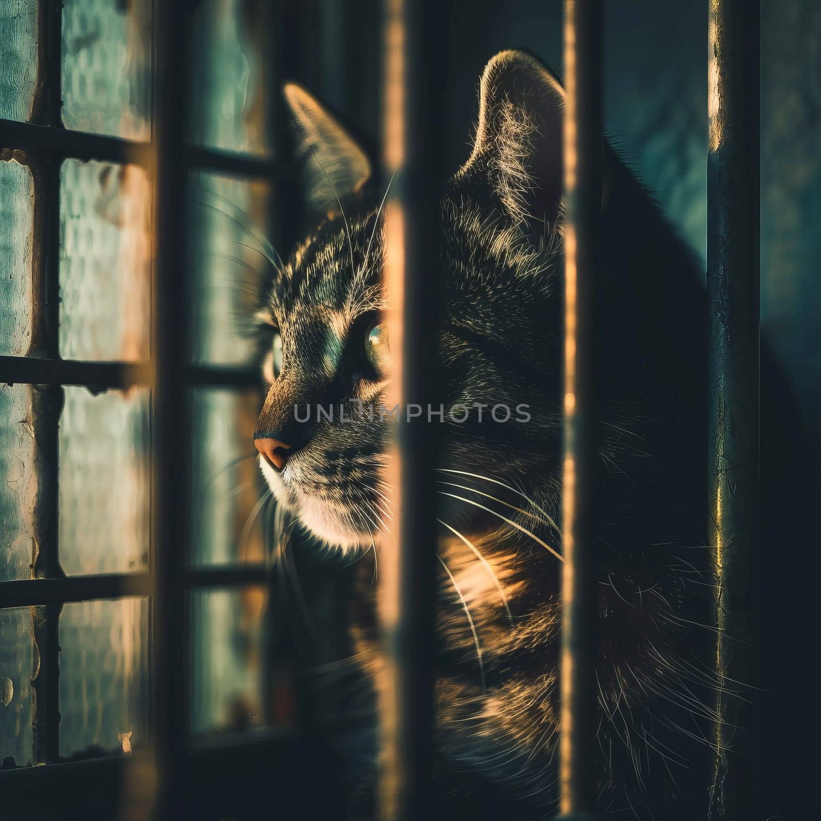 A cat behind bars in a shelter looks out onto the street, illuminated by sunlight and waits for its new owners