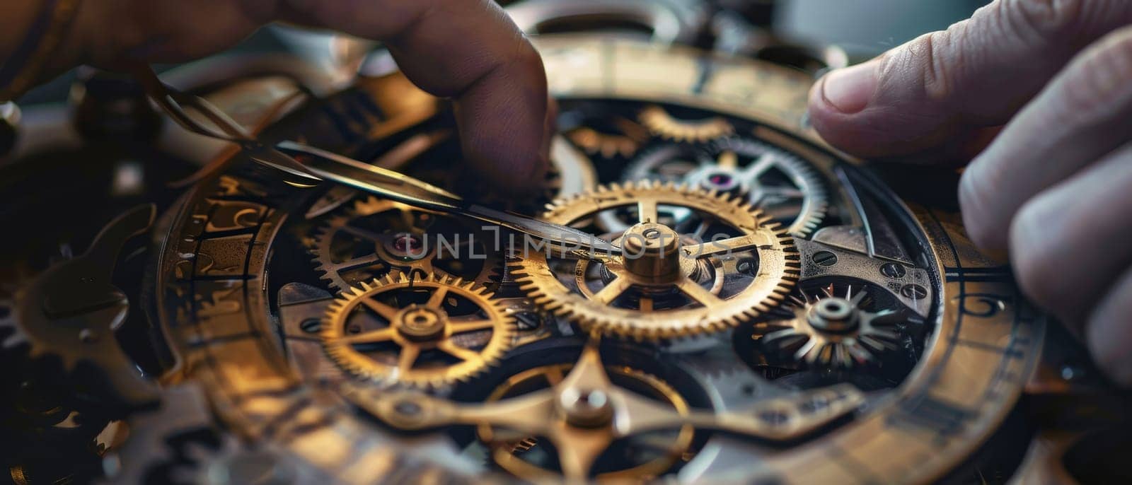 Close-up of hands meticulously assembling intricate gears and cogs of a mechanical device