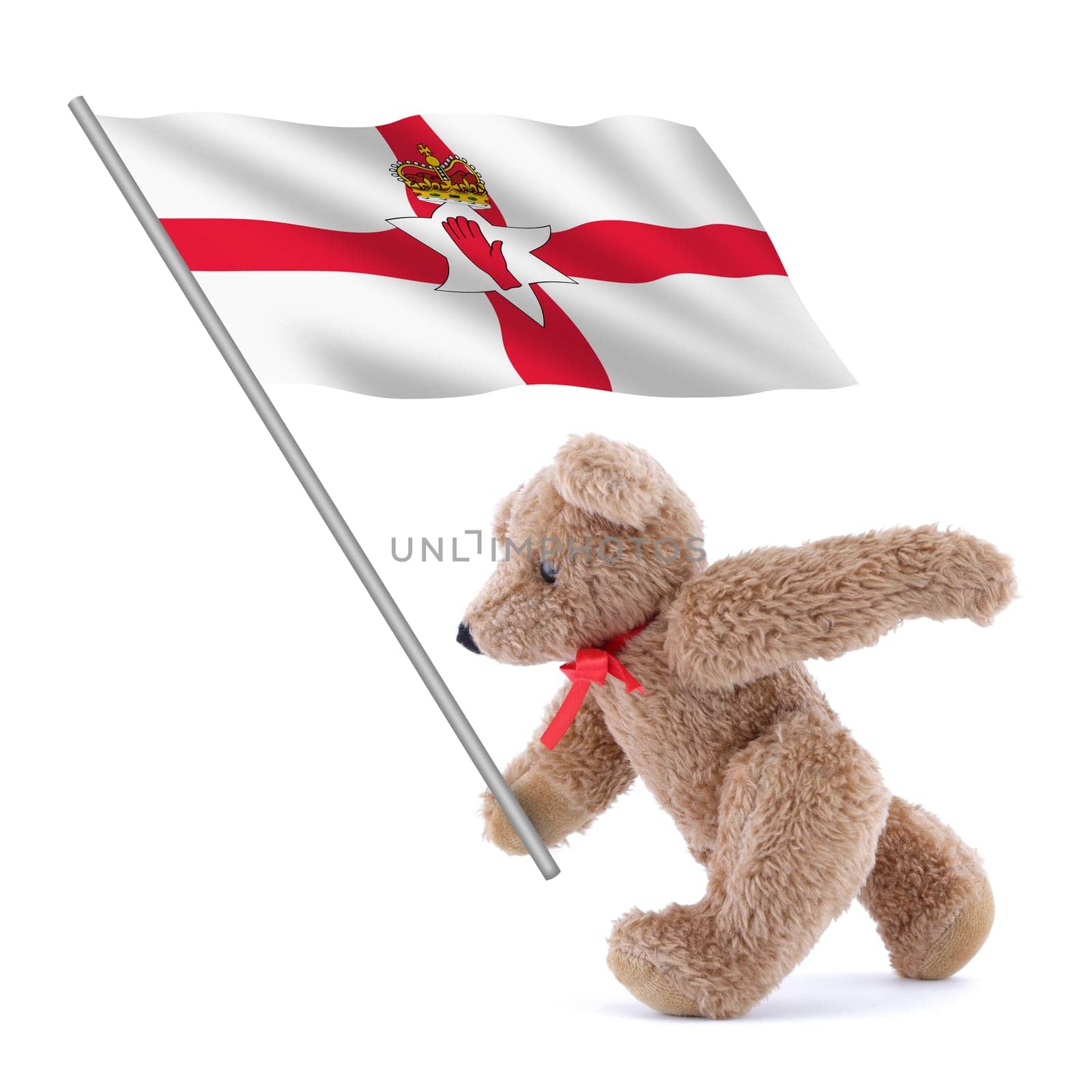 A Northern Ireland flag being carried by a cute teddy bear