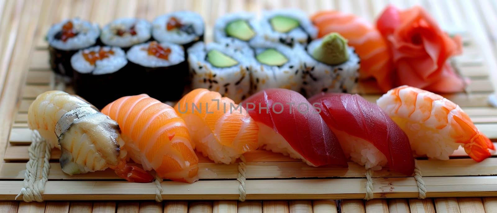 A variety of sushi rolls laid out on a rectangular bamboo mat. The sushi rolls are different sizes and colors, and some have visible fillings like avocado and salmon
