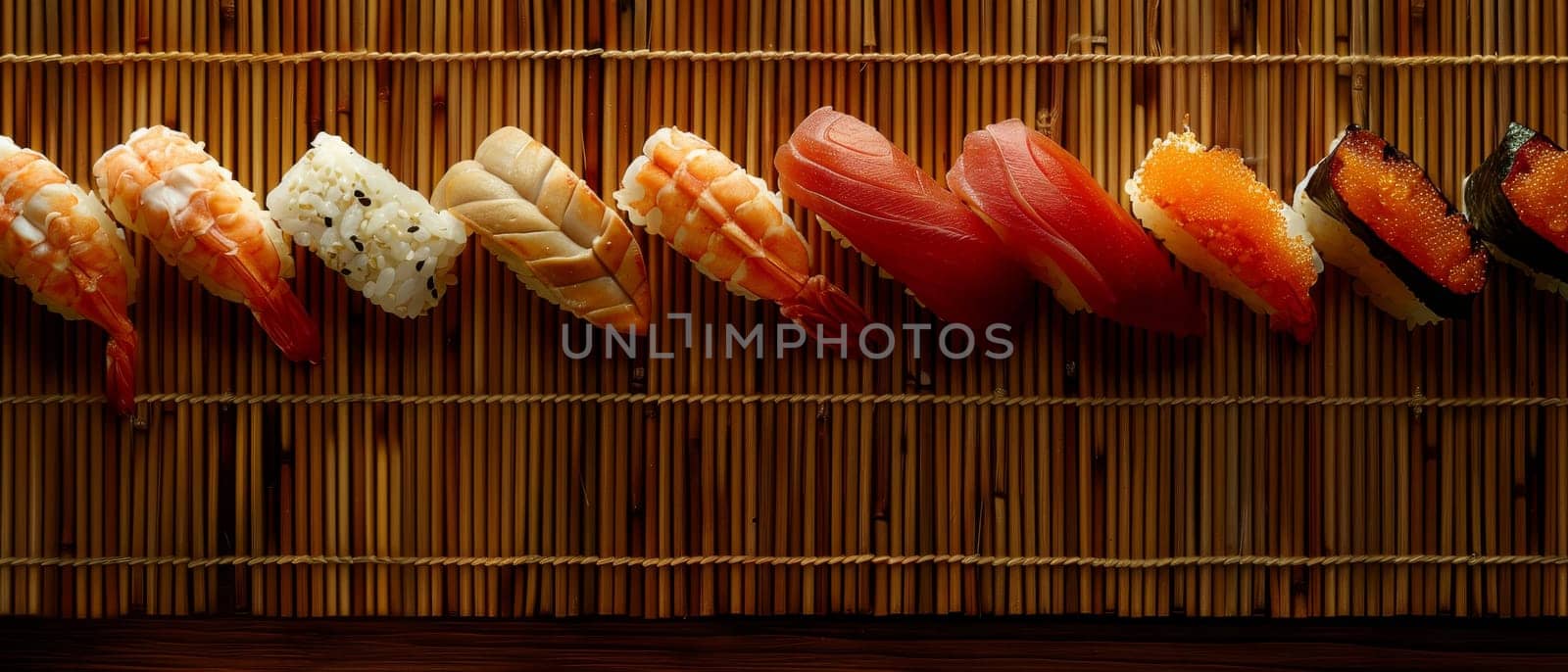 A variety of sushi rolls laid out on a rectangular bamboo mat. The sushi rolls are different sizes and colors, and some have visible fillings like avocado and salmon