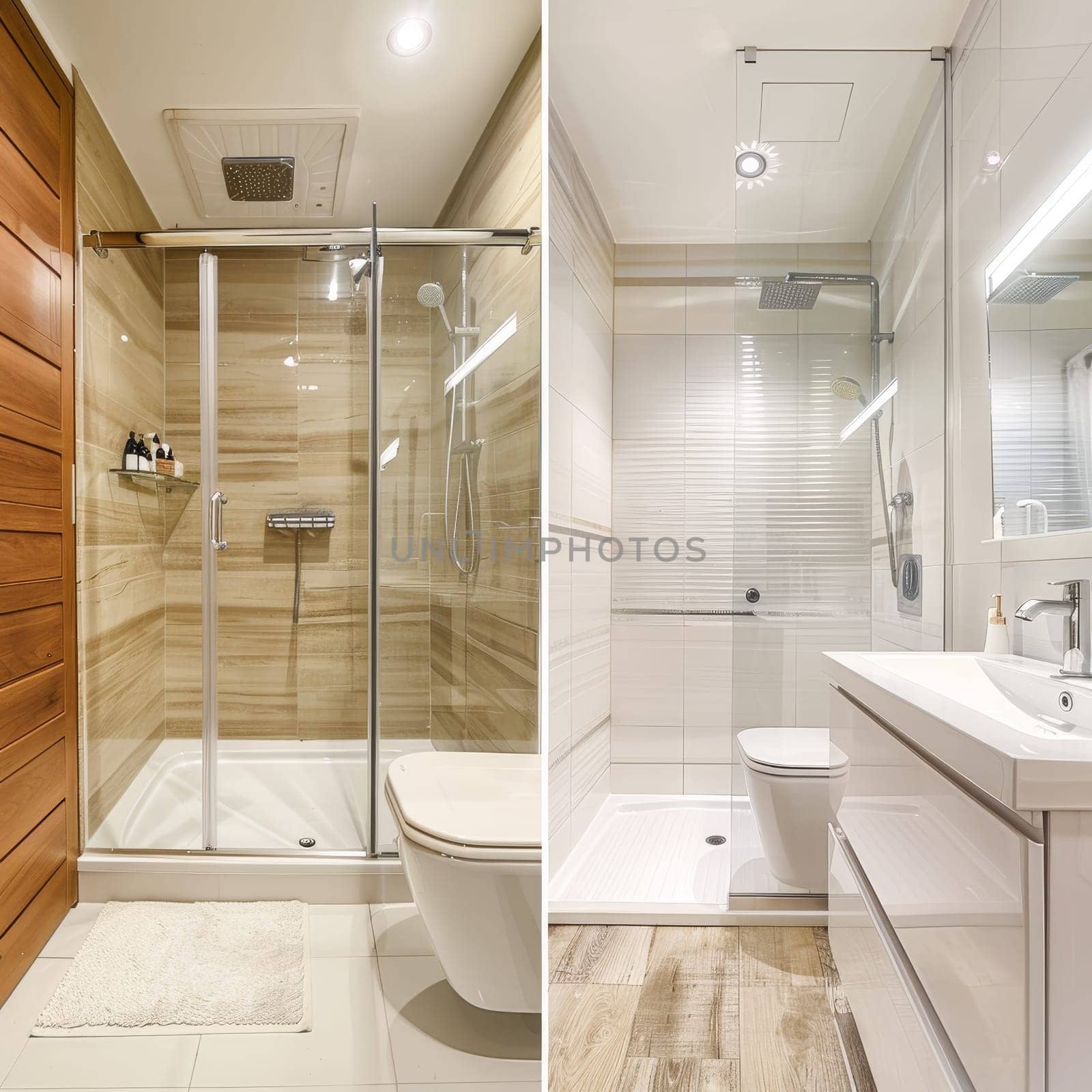 Set of modern, bright bathroom with a freestanding tub, wooden vanity, and glass shower