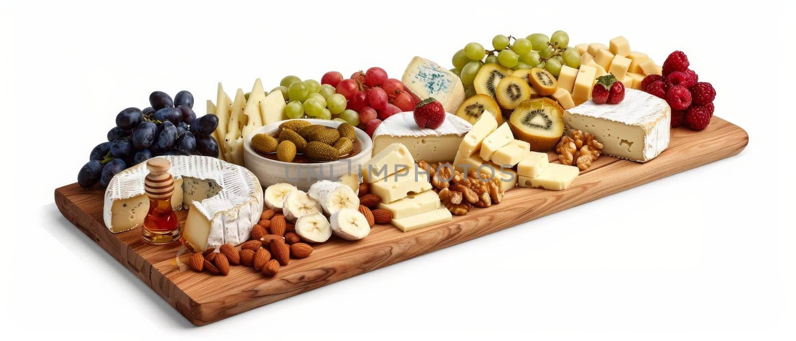 A gourmet cheese platter with assorted fruits, nuts, and honey on a wooden board, isolated on a white background