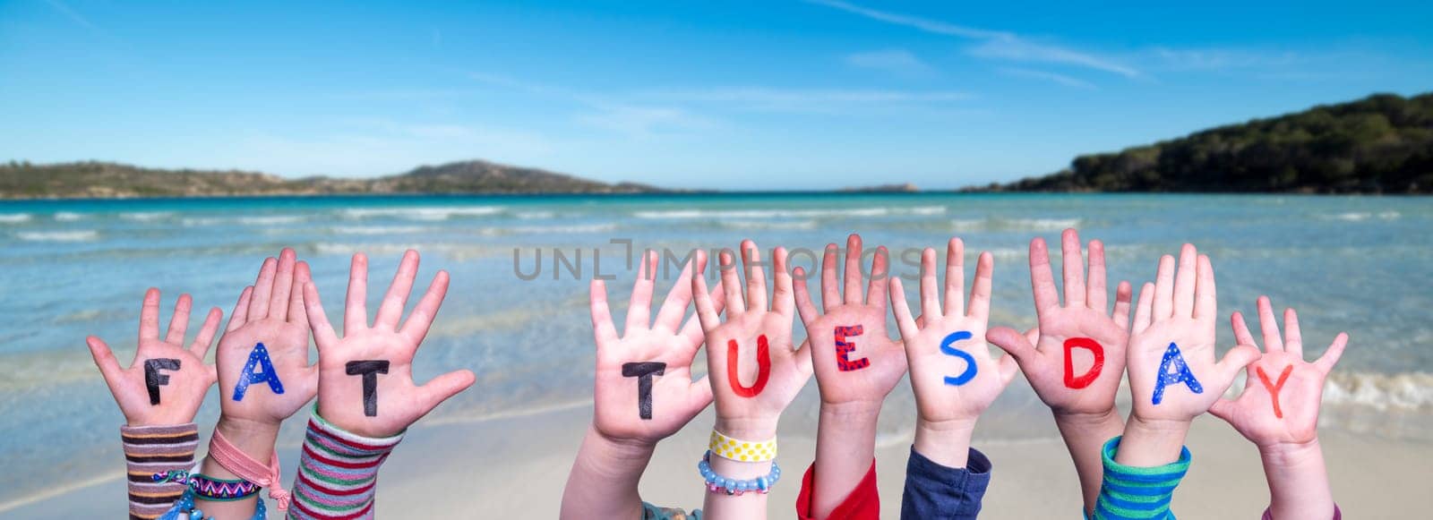 Children Hands Building Colorful English Word Fat Tuesday. Summer Ocean, Sea And Beach As Background.
