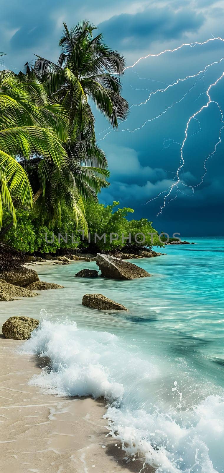 tropical beach view at cloudy stormy night with white sand, turquoise water and palm trees. Neural network generated image. Not based on any actual scene or pattern.