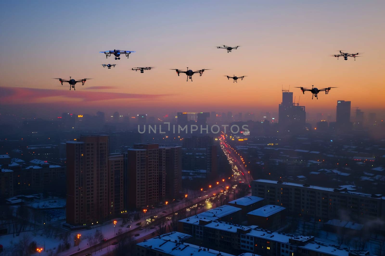 group of drones over city at winter sunset or sunrise. Neural network generated image. Not based on any actual scene or pattern.