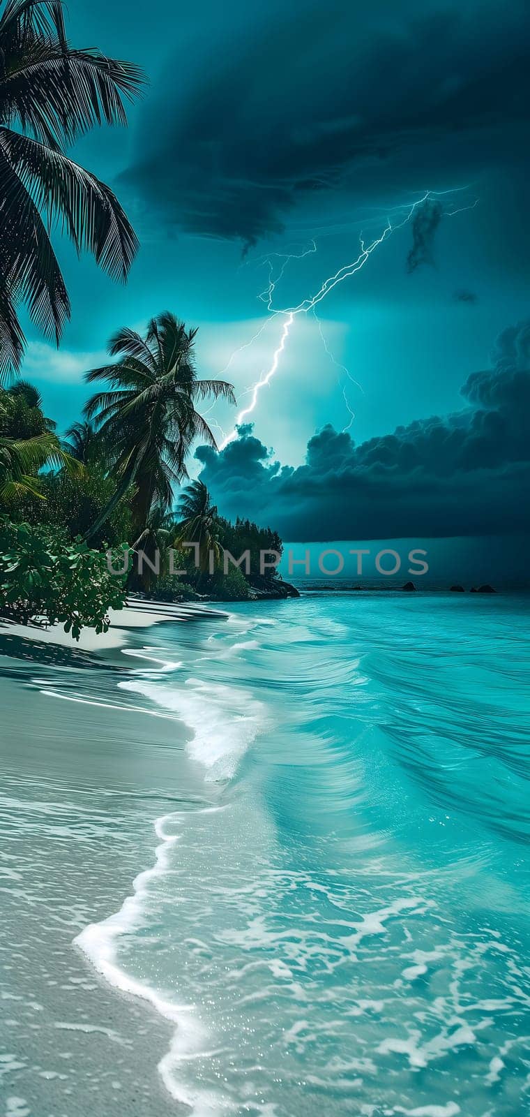 tropical beach view at cloudy stormy night with white sand, turquoise water and palm trees. Neural network generated image. Not based on any actual scene or pattern.