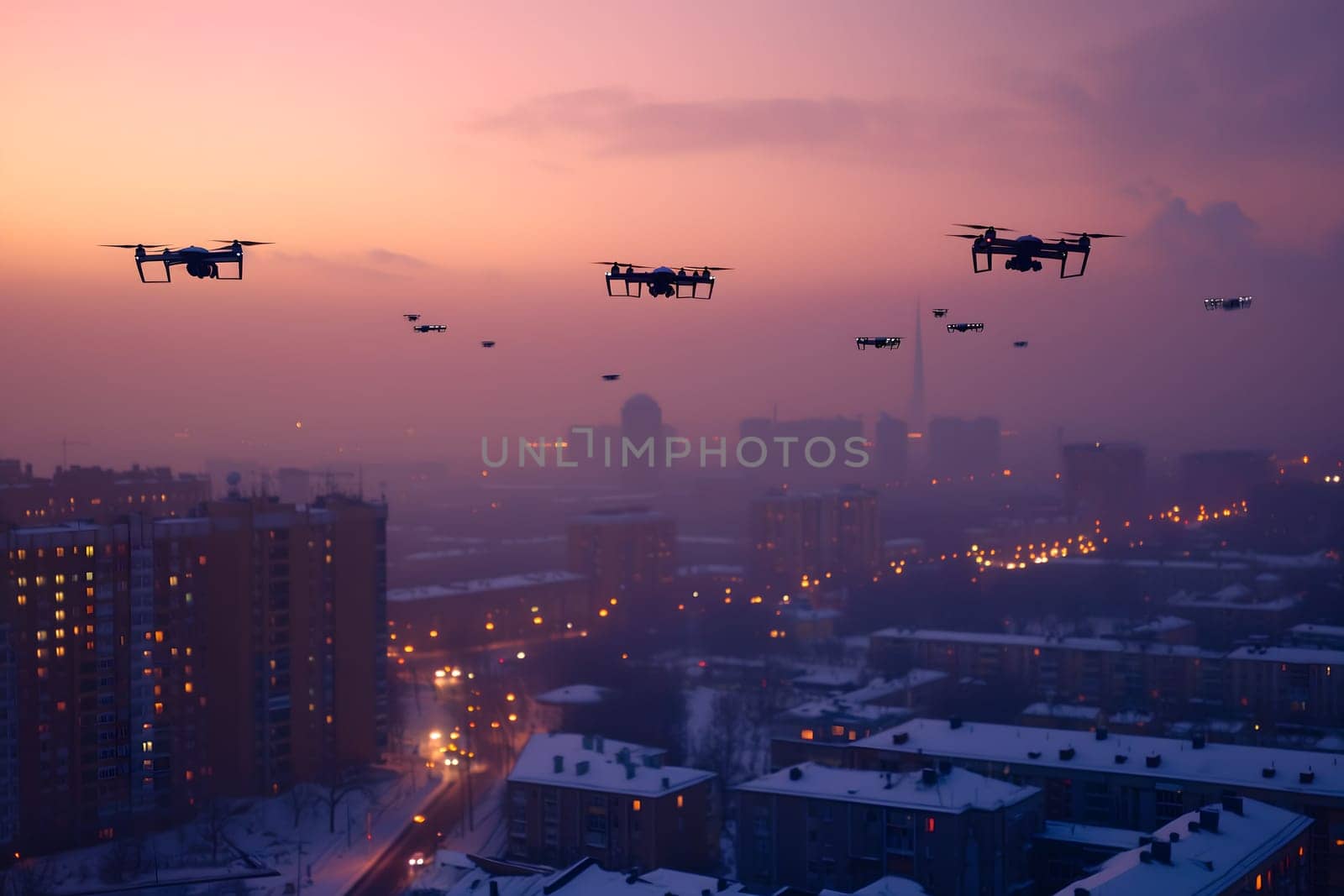 group of drones over city at winter sunset or sunrise. Neural network generated image. Not based on any actual scene or pattern.