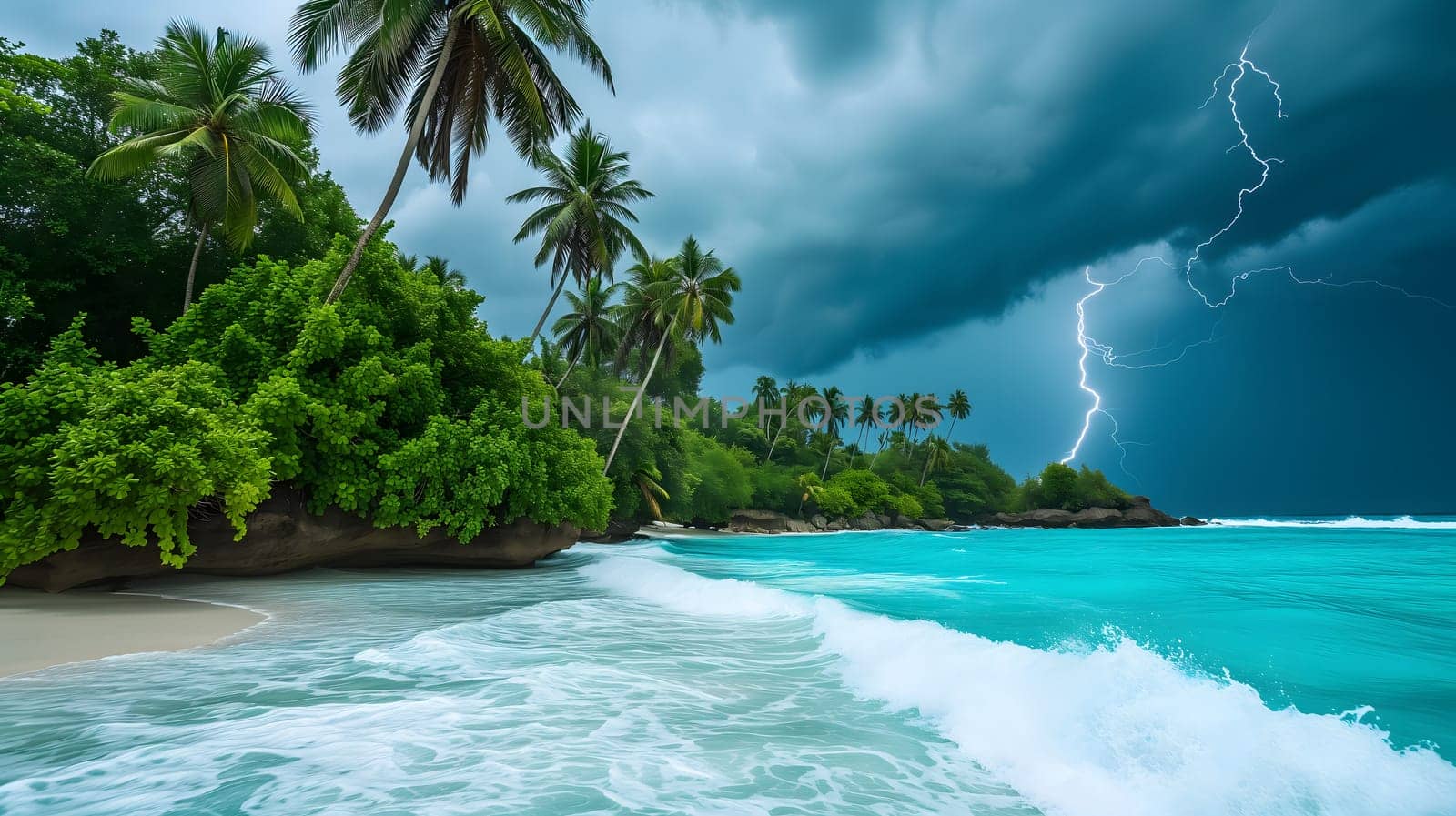 tropical beach view at cloudy stormy day with white sand, turquoise water and palm trees. Neural network generated image. Not based on any actual scene or pattern.