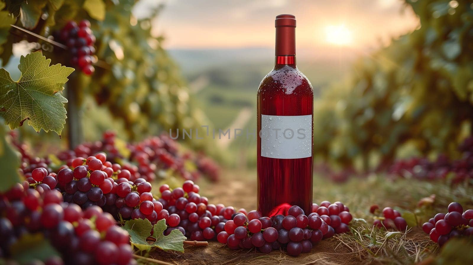 A red wine bottle in front of a landscape of grape farmland. Neural network generated image. Not based on any actual scene or pattern.