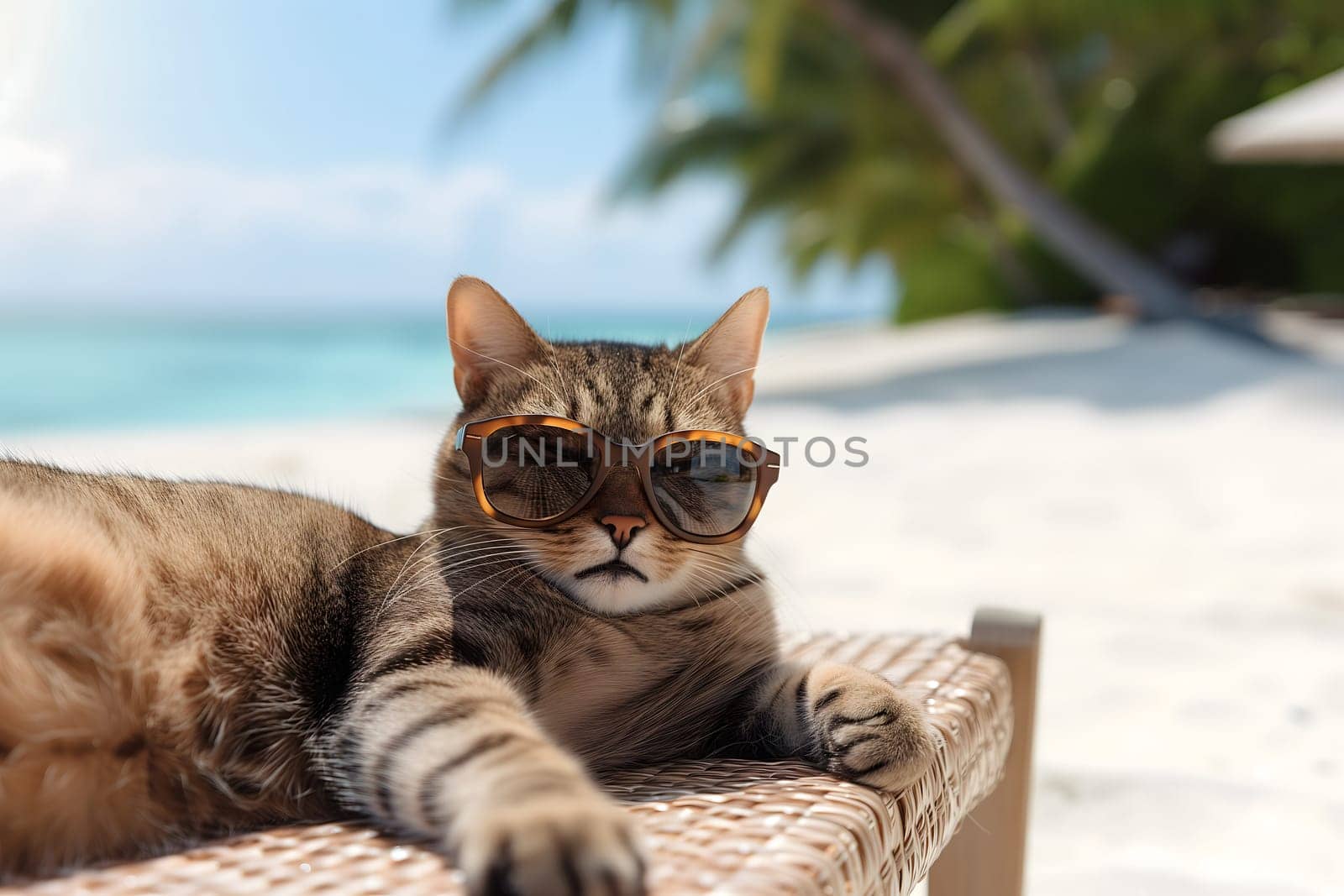 tabby cat with sunglasses laid on tropical beach, vacation theme. Neural network generated image. Not based on any actual person or scene.