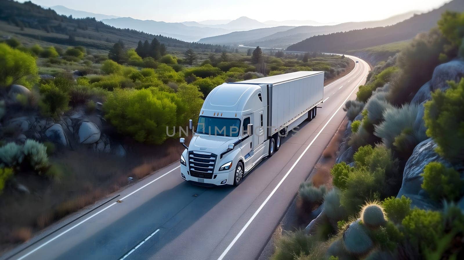 American long-nose semitruck on a highway. Neural network generated image. Not based on any actual scene or pattern.