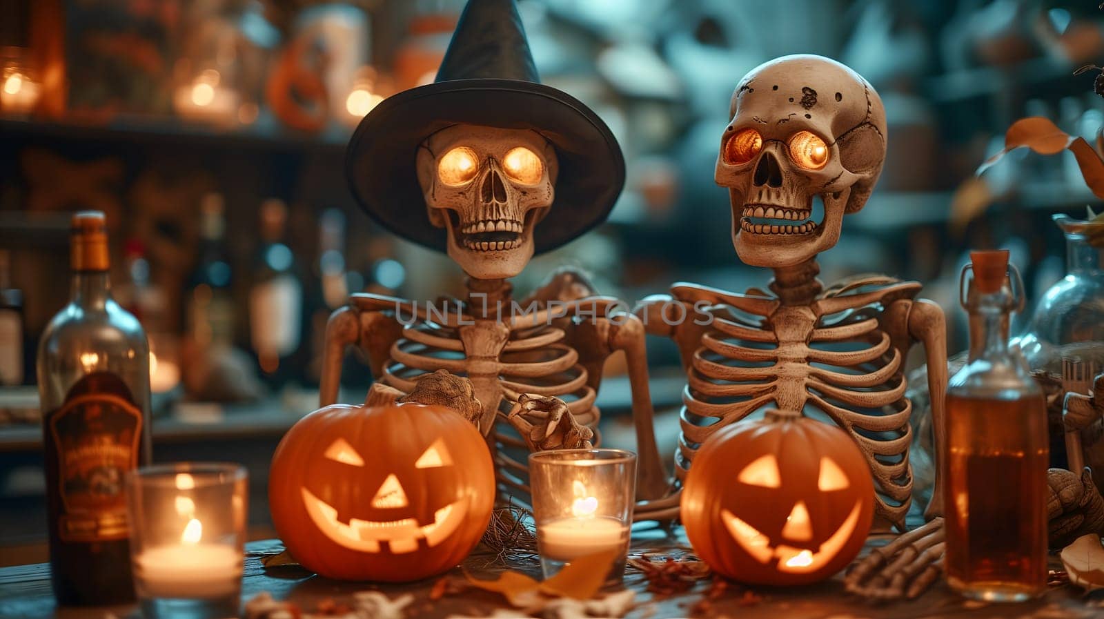 Skeletons sitting at the table and having a Halloween party. Neural network generated image. Not based on any actual scene or pattern.