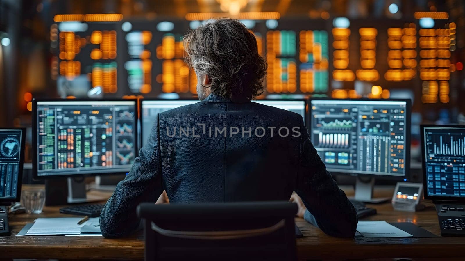 Back view of a financial analyst day trader working on computer with many screens that shows real-time stock data. Neural network generated image. Not based on any actual scene or pattern.