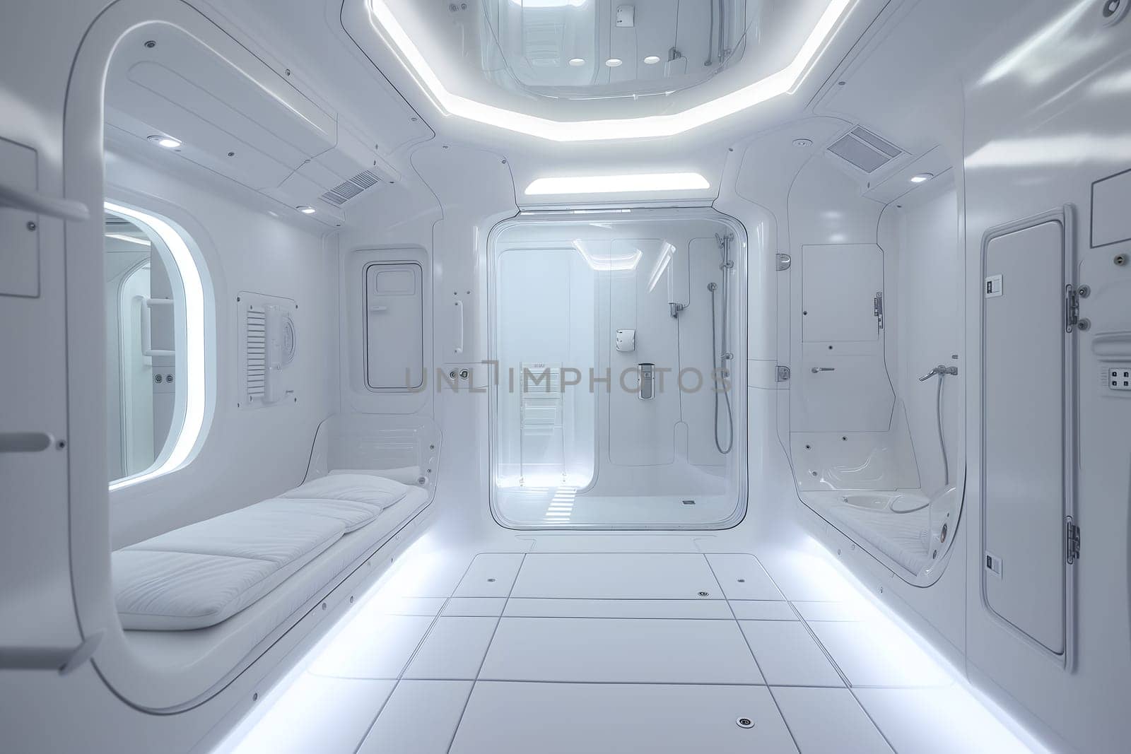 futuristic clean white space station style interior of bedroom. Neural network generated image. Not based on any actual scene or pattern.