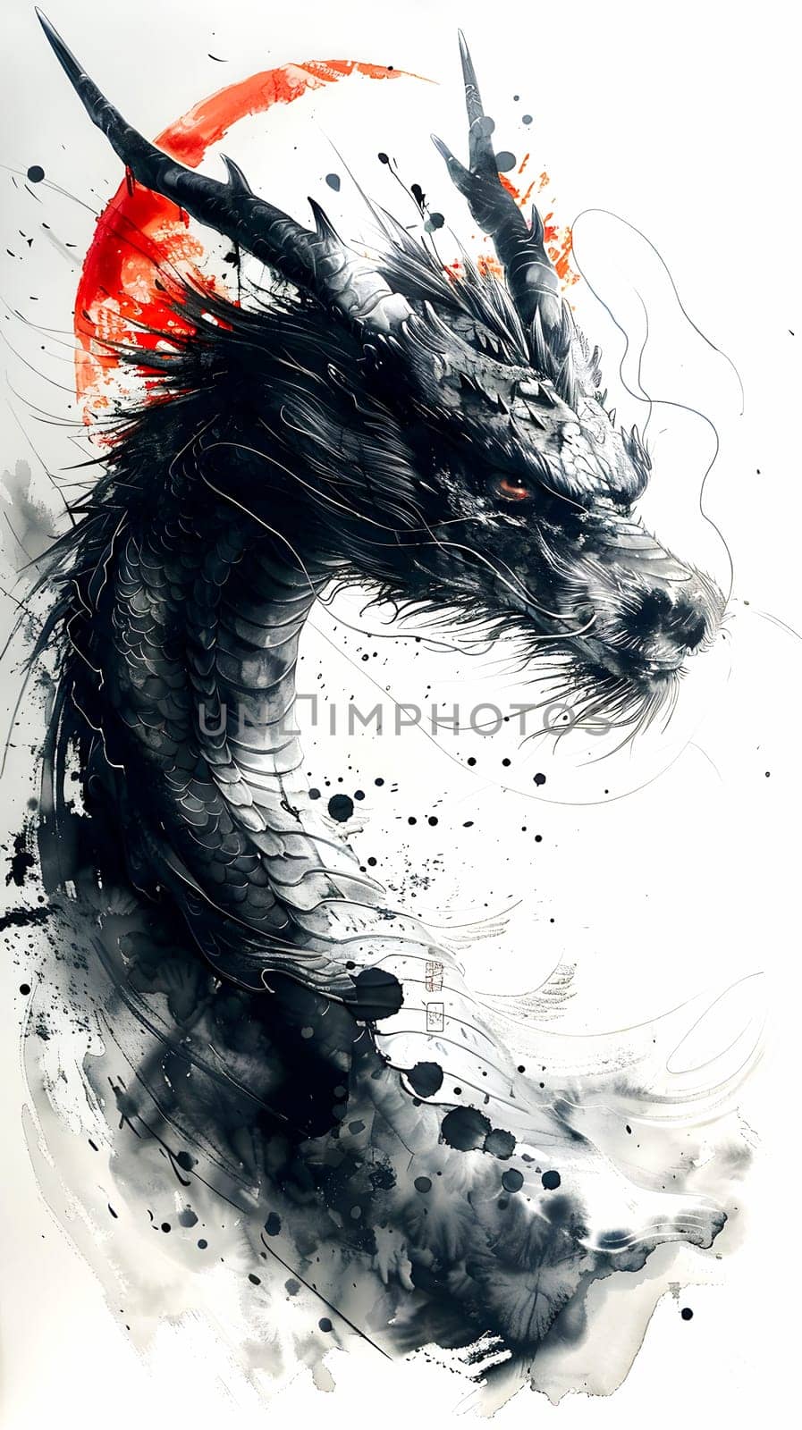 Illustration of Chinese brush painting of a dragon. Black ink lines drawn by master artist. It is a line that has weight, heaviness and lightness in art. Suitable for applying and decorating anywhere.