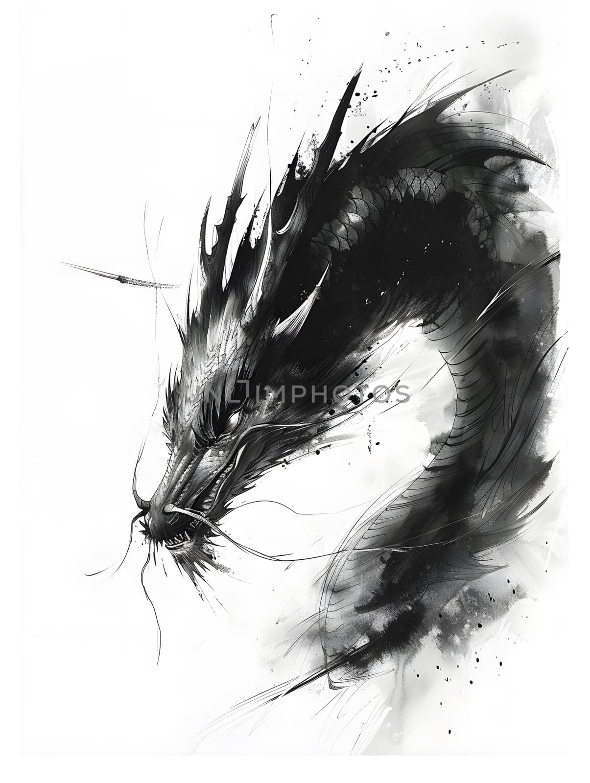 Illustration of Chinese brush painting of a dragon. Black ink lines drawn by master artist. It is a line that has weight, heaviness and lightness in art. Suitable for applying and decorating anywhere.