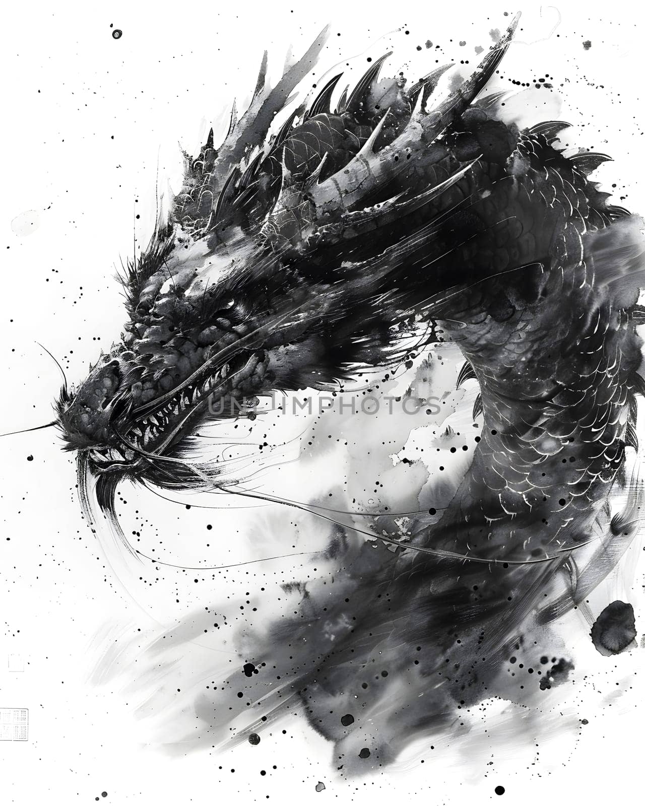 Illustration of Chinese brush painting of a dragon. Black ink lines drawn by master artist. It is a line that has weight, heaviness and lightness in art. Suitable for applying and decorating anywhere.