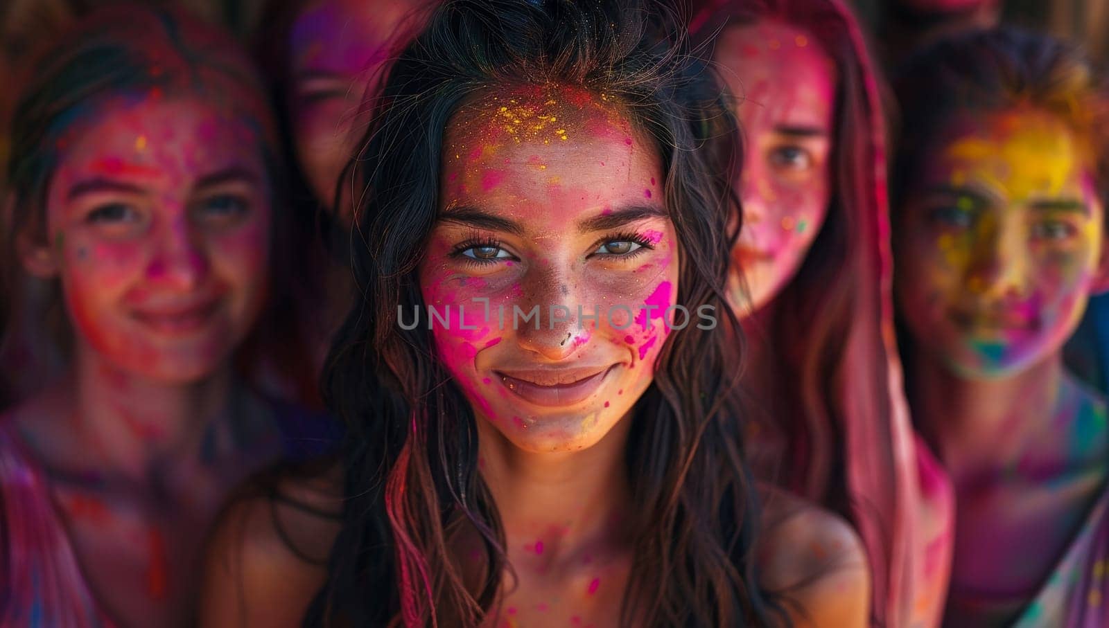 Portrait of a beautiful young woman covered with holi paint.