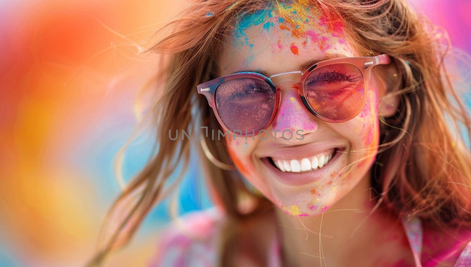 Portrait of a young woman covered in colorful powder celebrating Holi festival