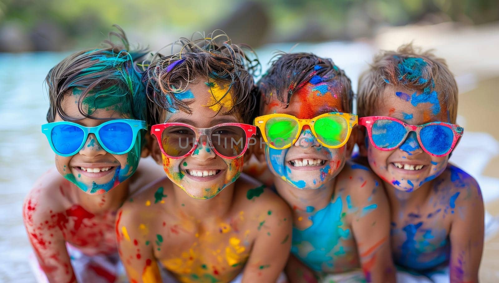 Group of happy children having fun at Holi color festival