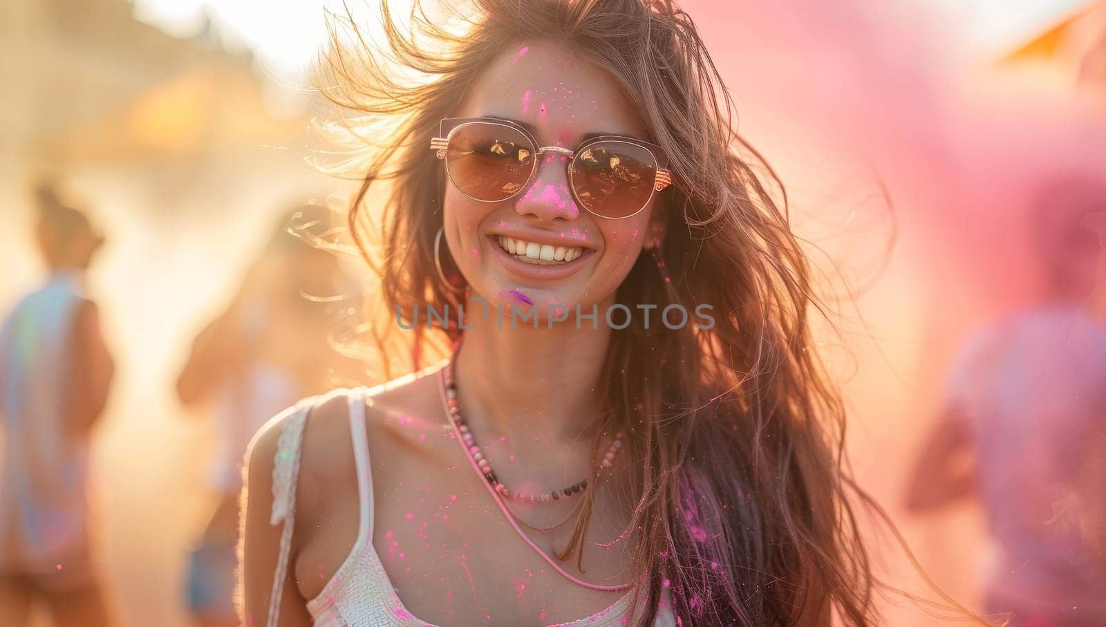 Portrait of a beautiful happy young woman at the Holi color festival