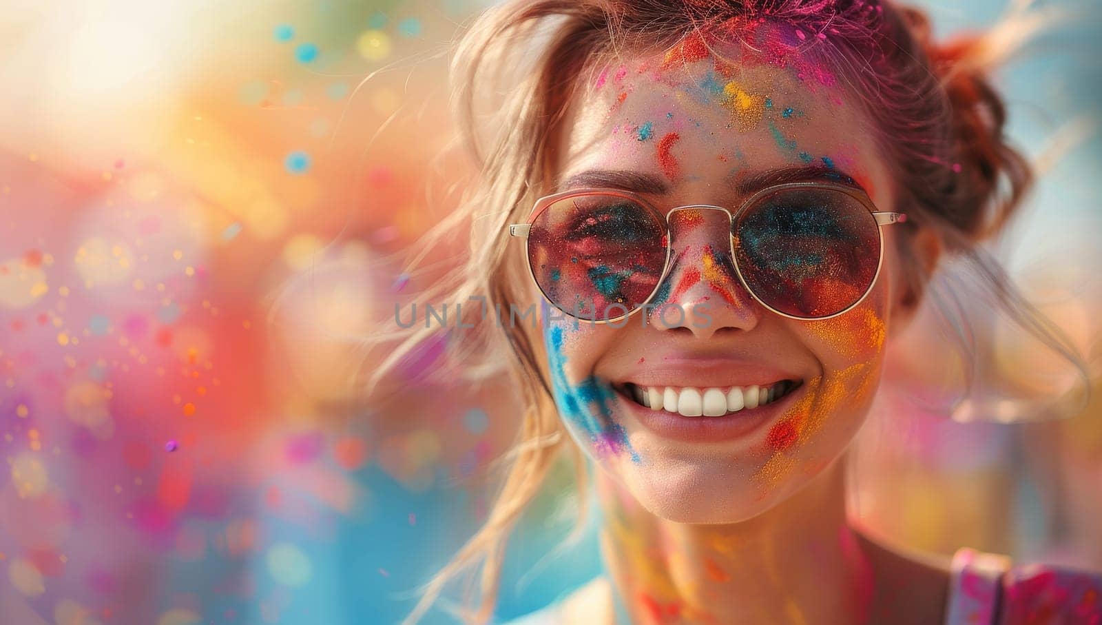 A young woman wearing sunglasses is covered in colorful powder while smiling.