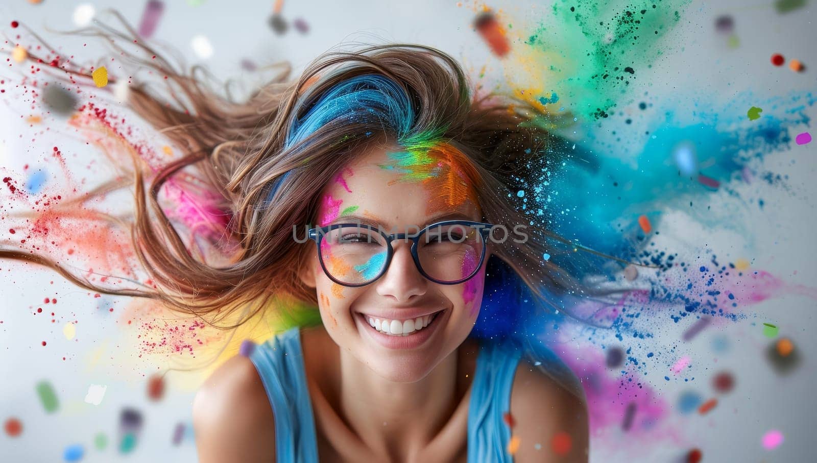 Portrait of happy young woman with colorful paint splashes on her face