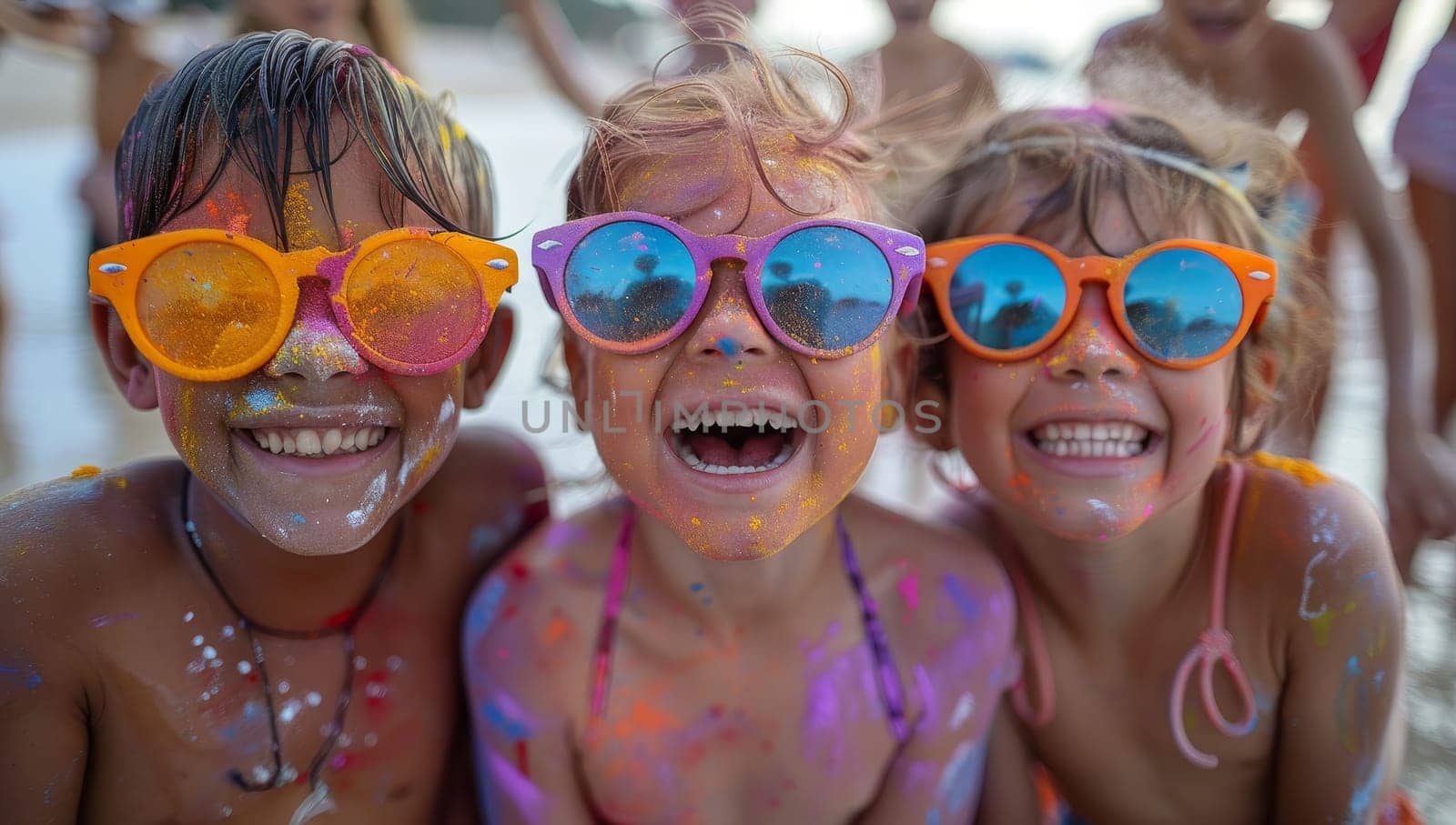 Happy kids having fun on holi color festival in the beach.