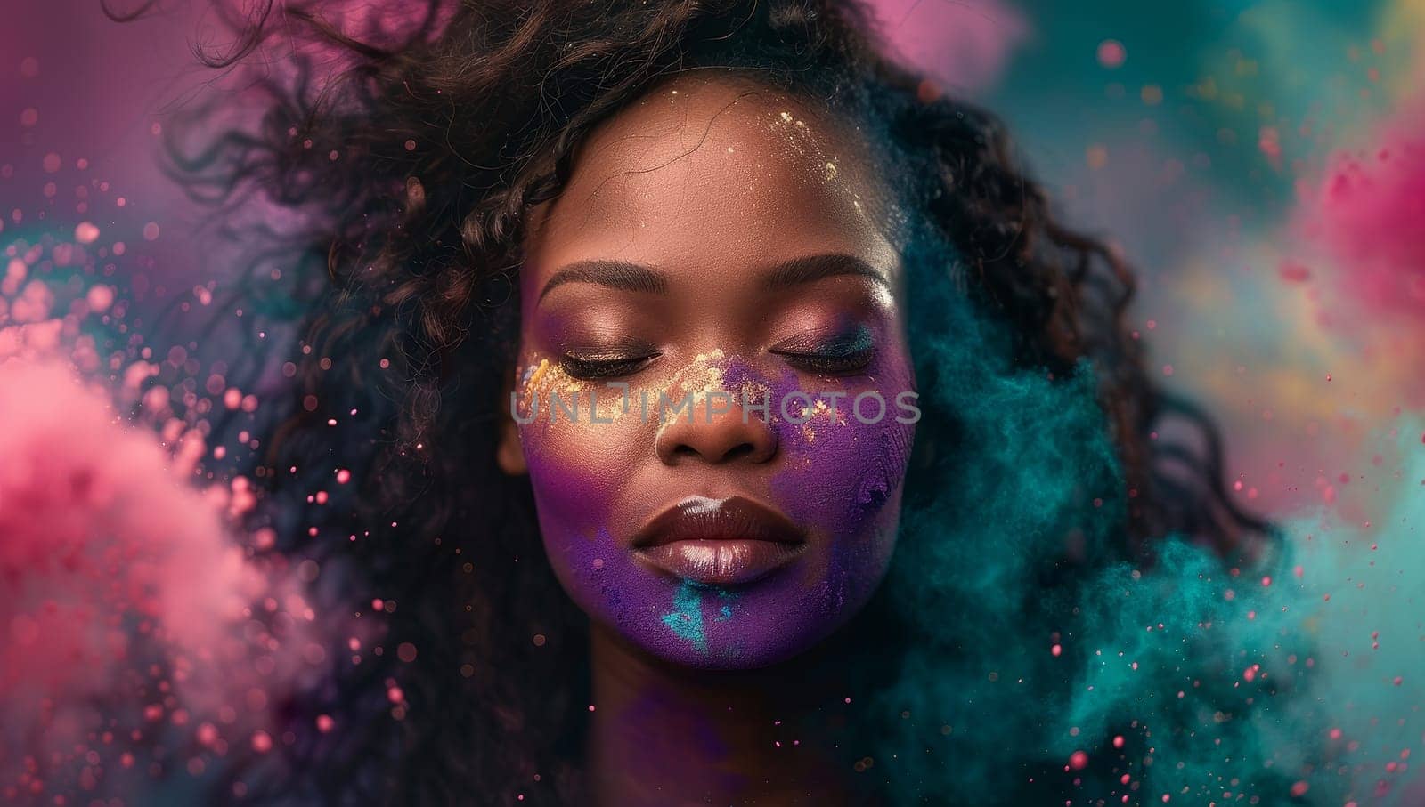 Beautiful african american woman with pink and blue powder on face